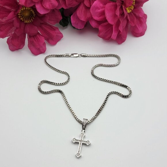 Diamond Cross Pendant 925 Sterling Silver Franco Chain Necklace 18" Signed GLD